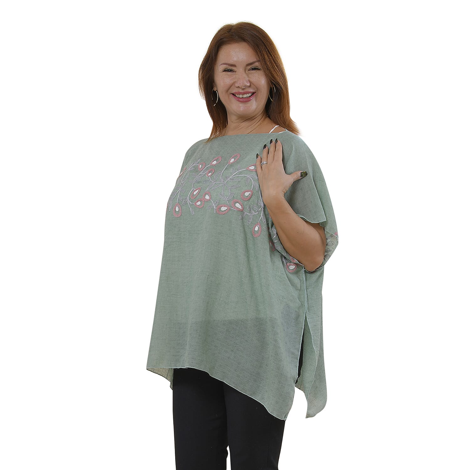 Tamsy Floral Embroidery Kaftan (One Size) - Cyan