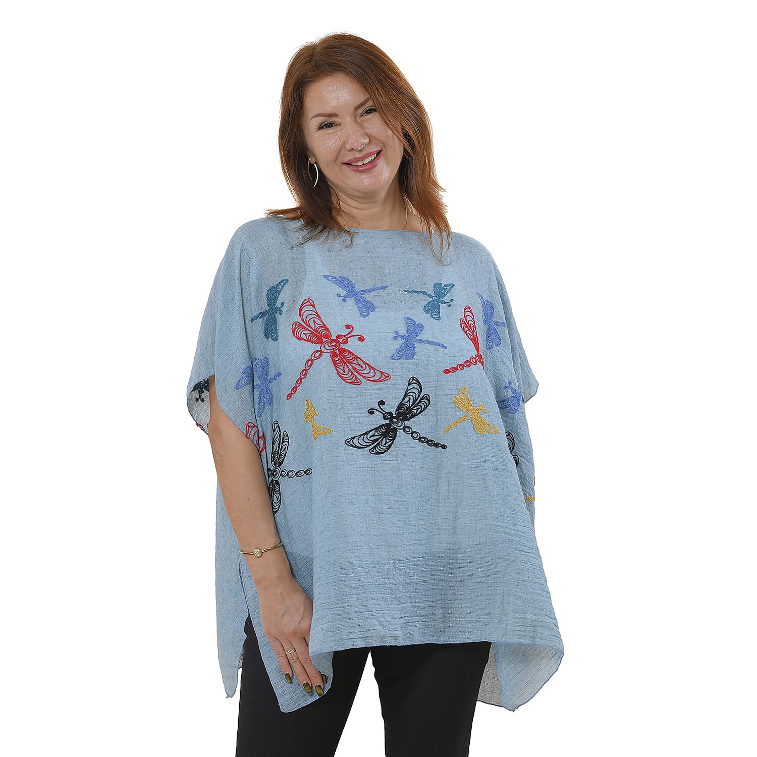 Tamsy Floral Embroidery Kaftan (One Size) - Blue