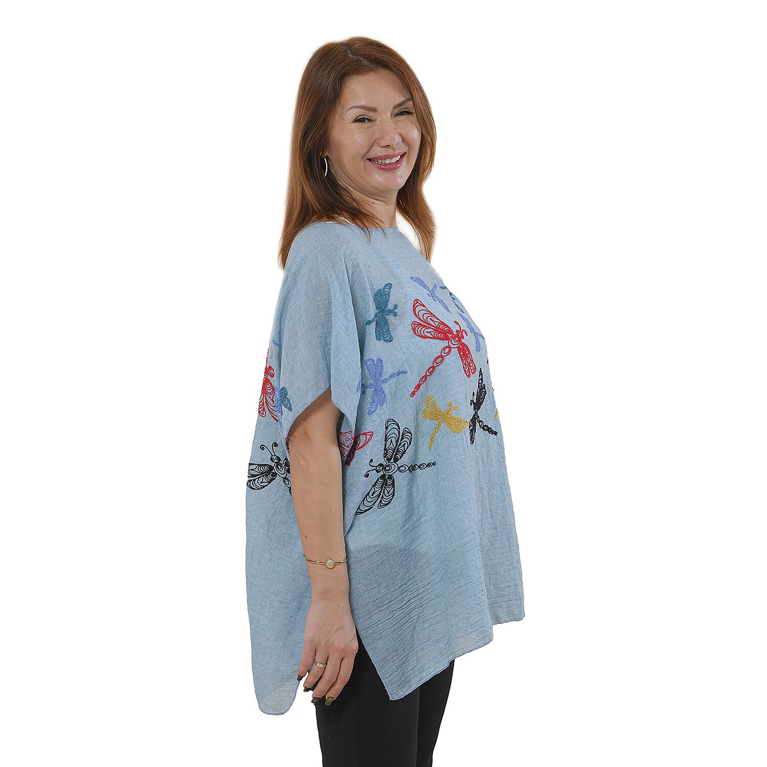 Tamsy Floral Embroidery Kaftan (One Size) - Blue