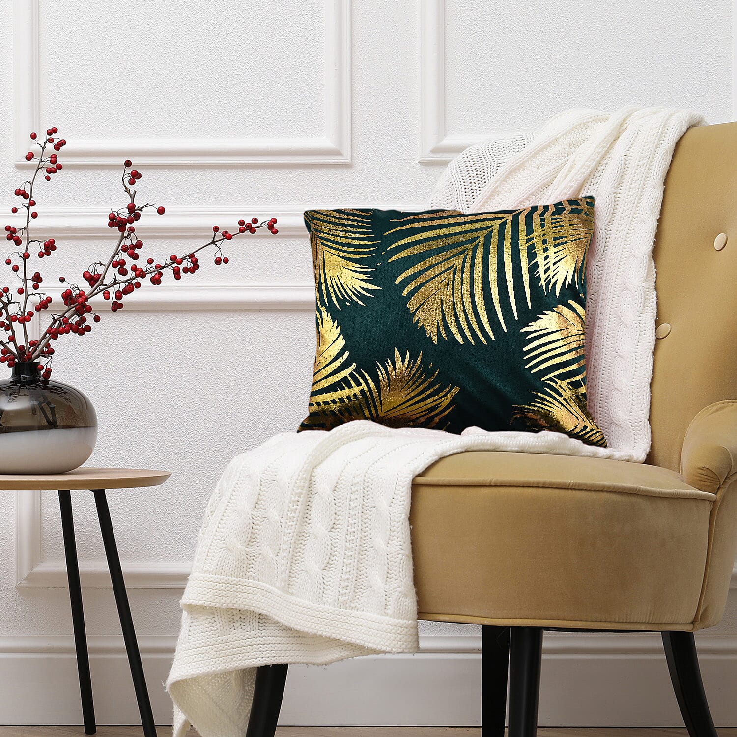 Set of 2 - Dutch Velvet Tropical Leaf Pattern Cushion Cover (Size 45 cm) - Green and Gold