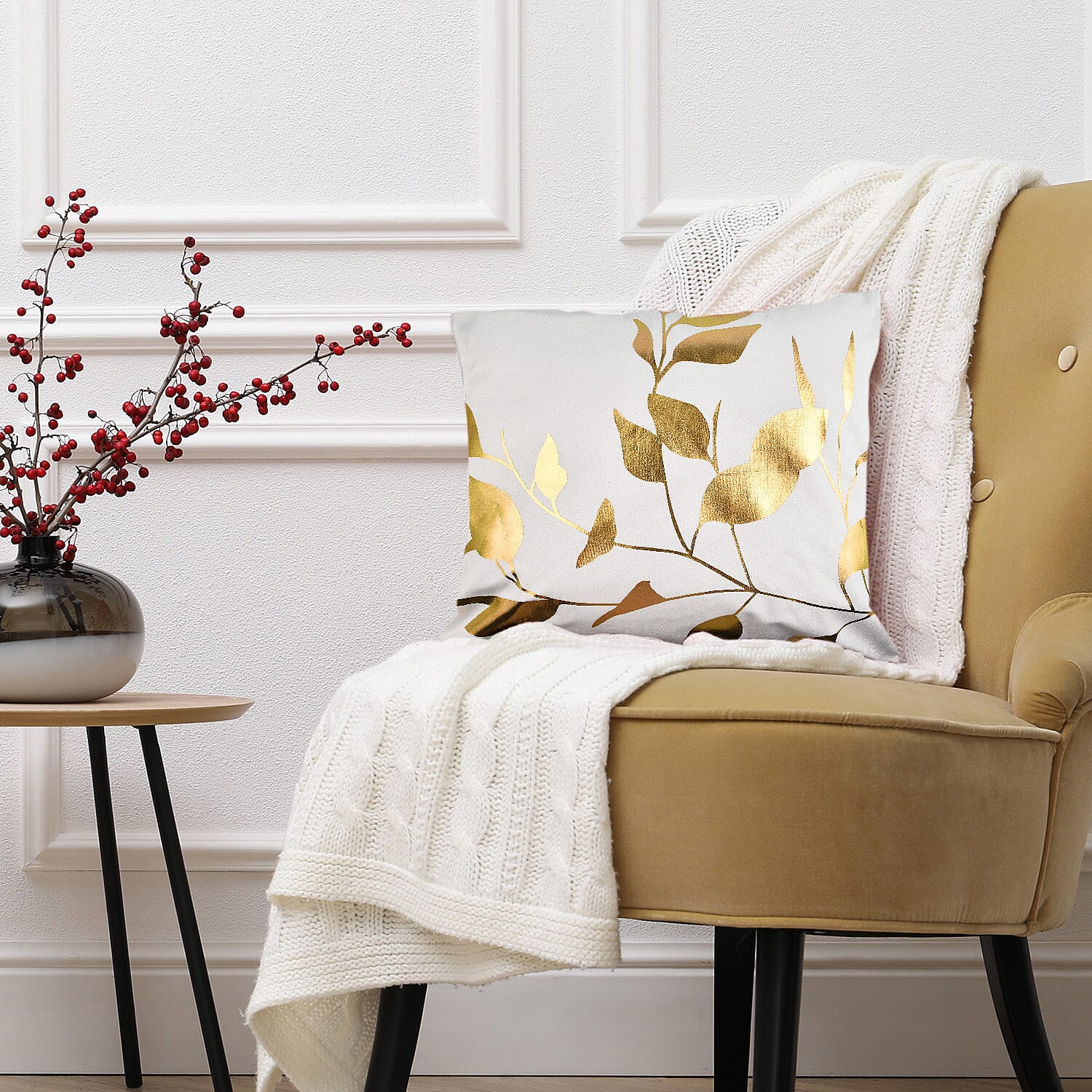 Set of 2 - Dutch Velvet Leaves Pattern Cushion Cover (Size 45 cm) - White and Gold