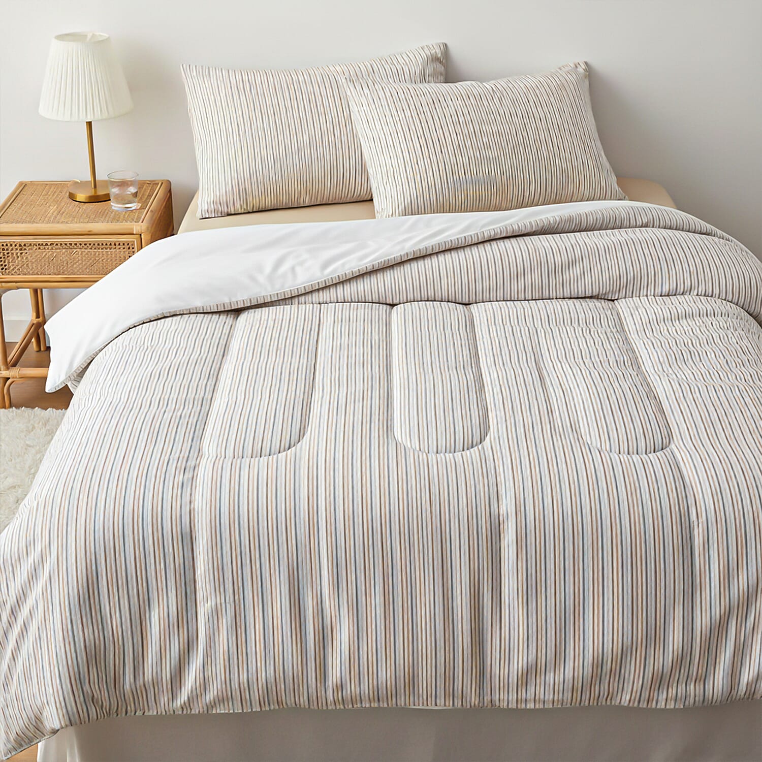 Set of 3 - Polyester Microfiber Stripe Comforter (Size 200x200 cm) and Pillowcase (Size 75x50x2 cm) - White