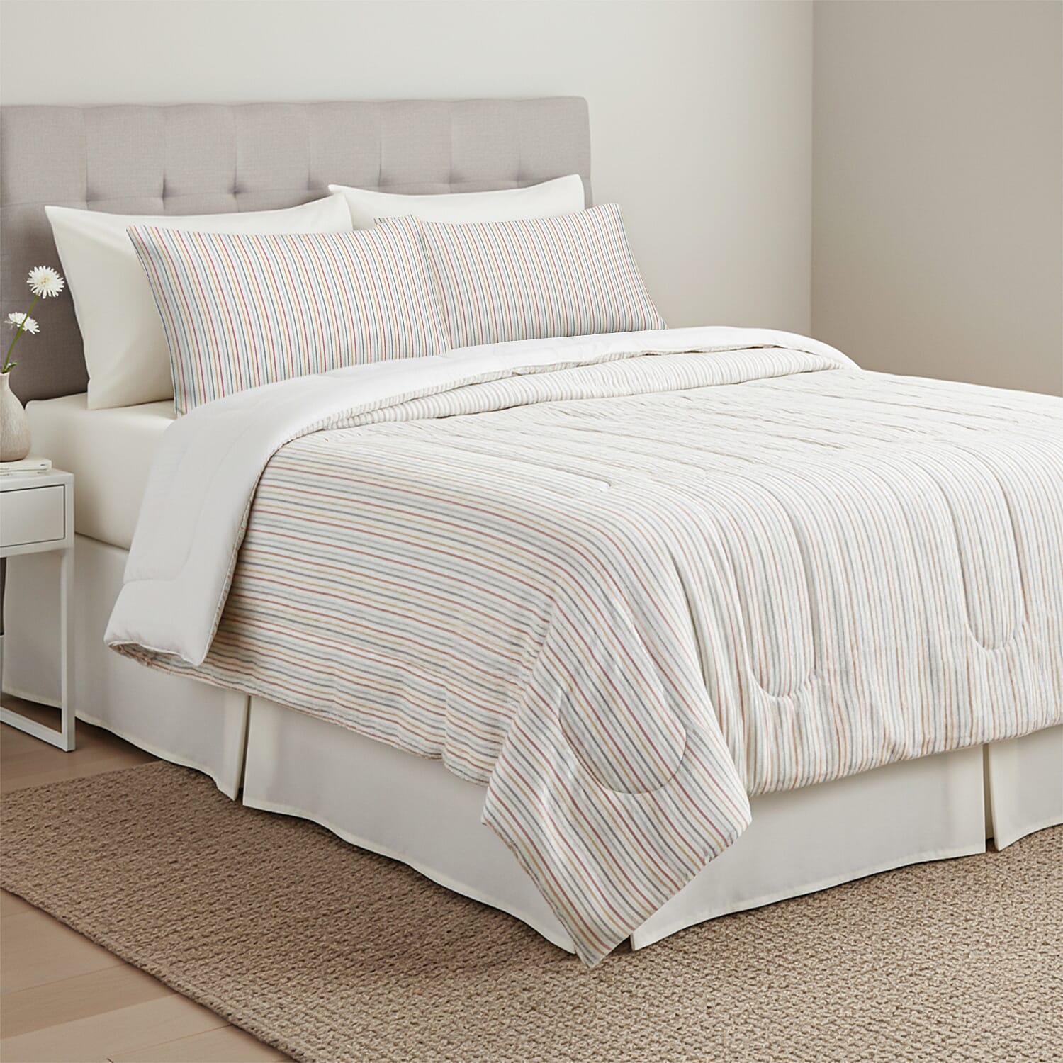 Set of 3 - Polyester Microfiber Stripe Comforter (Size 200x200 cm) and Pillowcase (Size 75x50x2 cm) - White