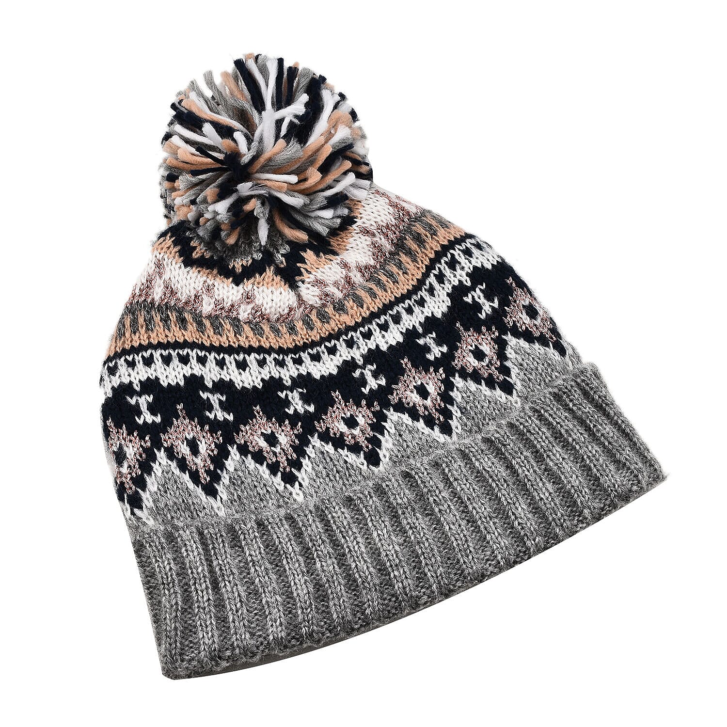 Thomas Calvi Fair Isle Knitted Bobble Winter Hat - Grey