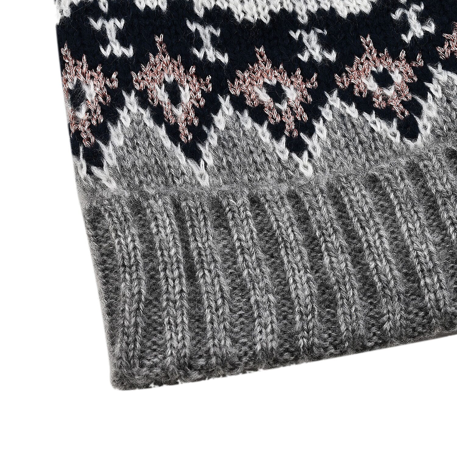 Thomas Calvi Fair Isle Knitted Bobble Winter Hat - Grey
