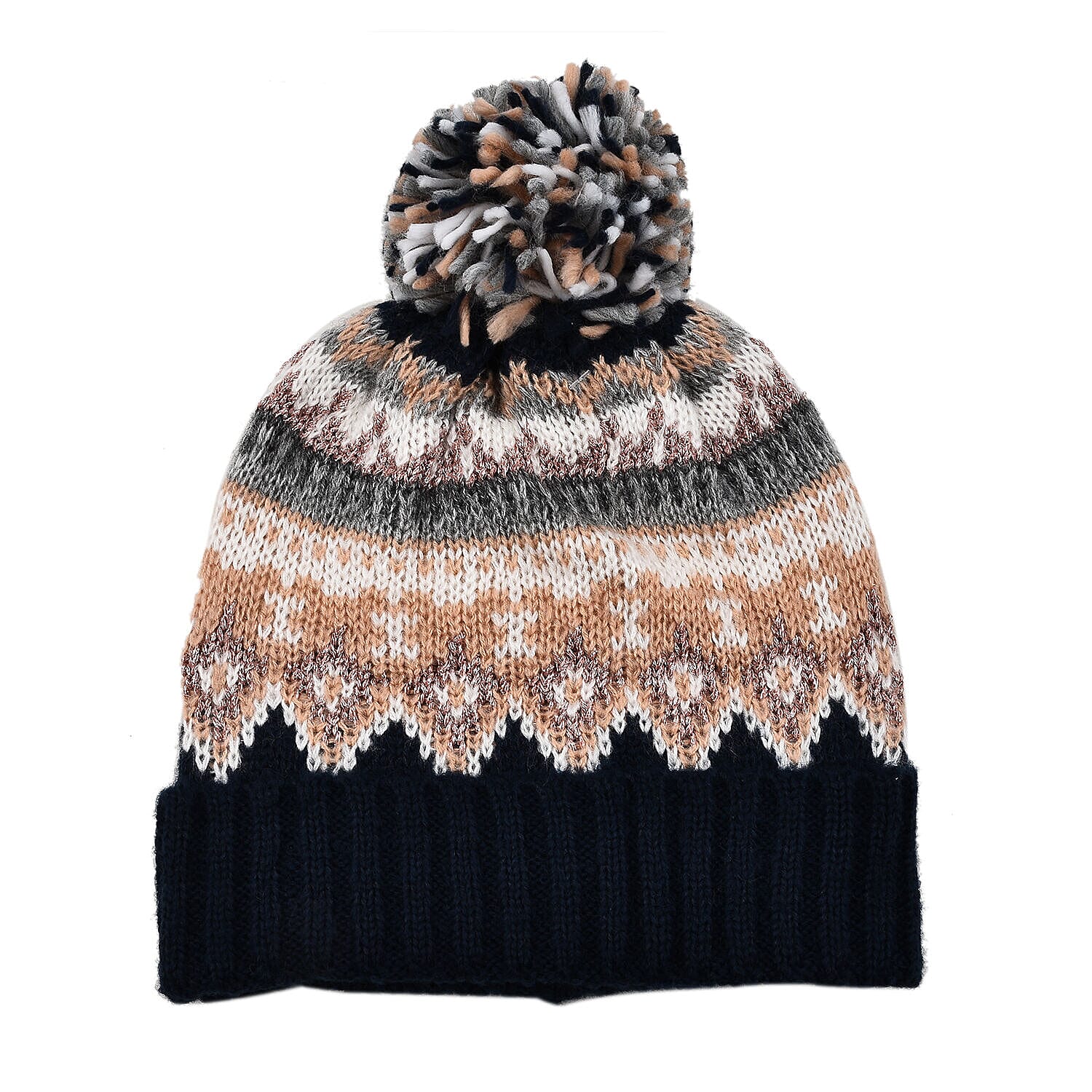 Thomas Calvi Fair Isle Knitted Bobble Winter Hat - Blue