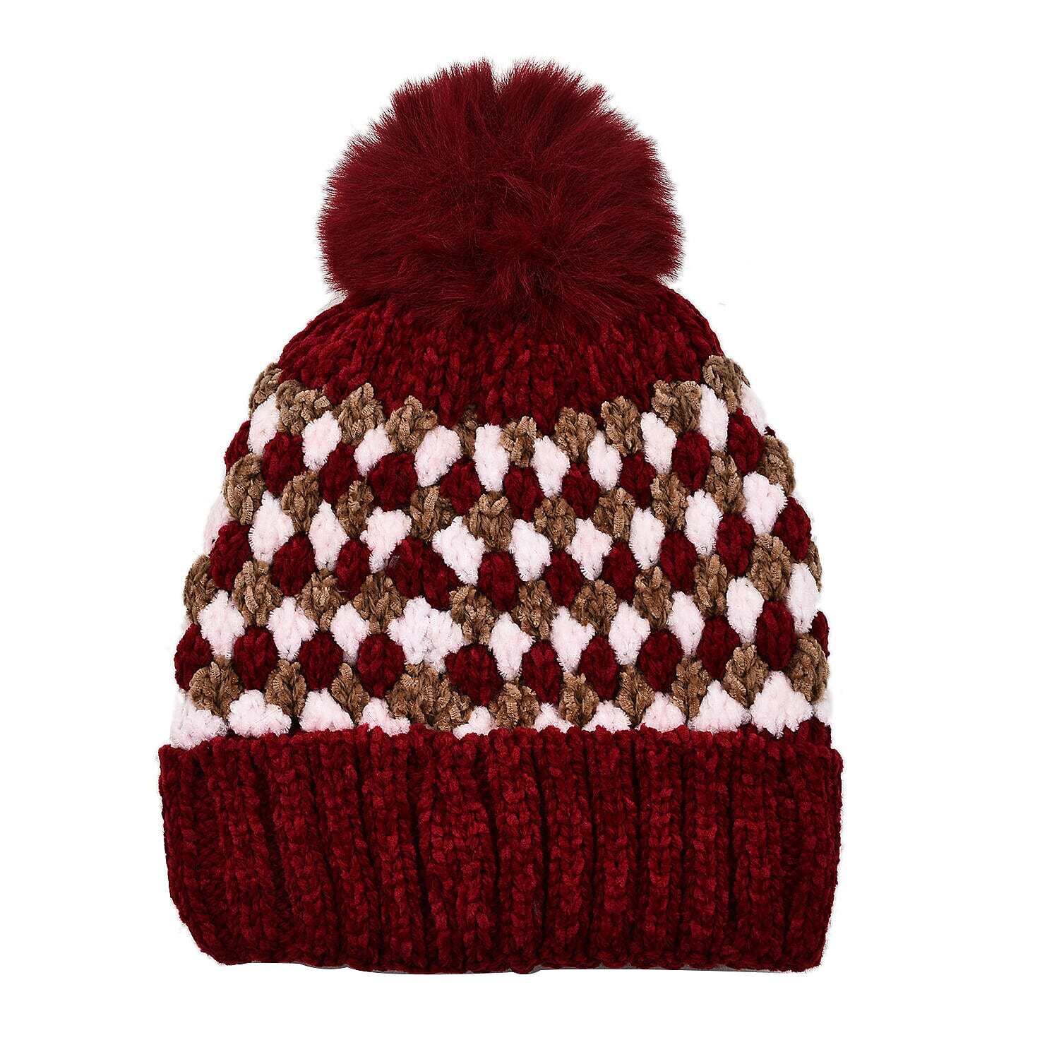 Thomas Calvi Honeycomb Pattern Knitted Bobble Fashion Winter Hat- Red