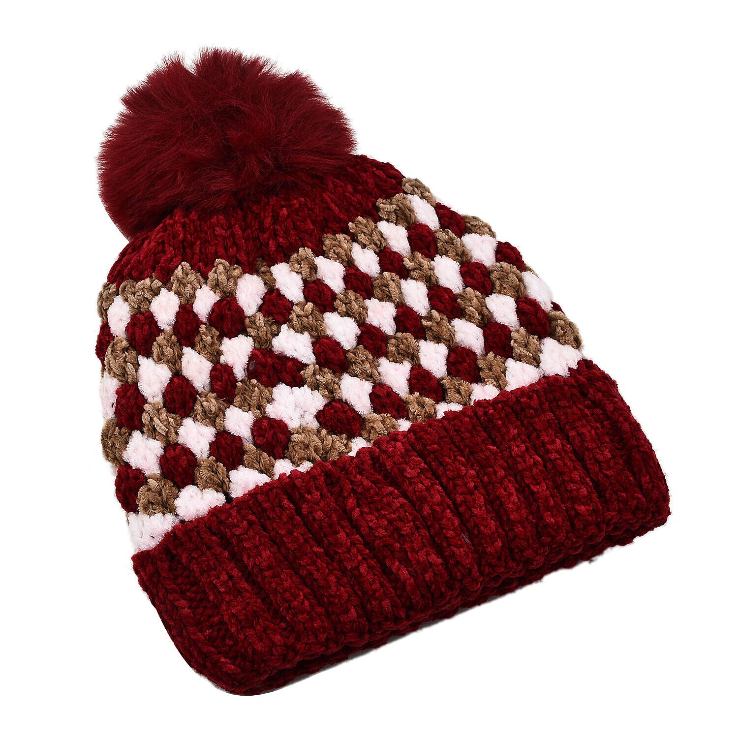 Thomas Calvi Honeycomb Pattern Knitted Bobble Fashion Winter Hat- Red