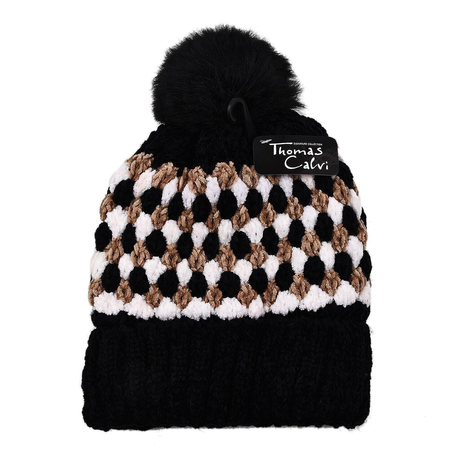 Thomas Calvi Honeycomb Pattern Knitted Bobble Fashion Winter Hat- Black