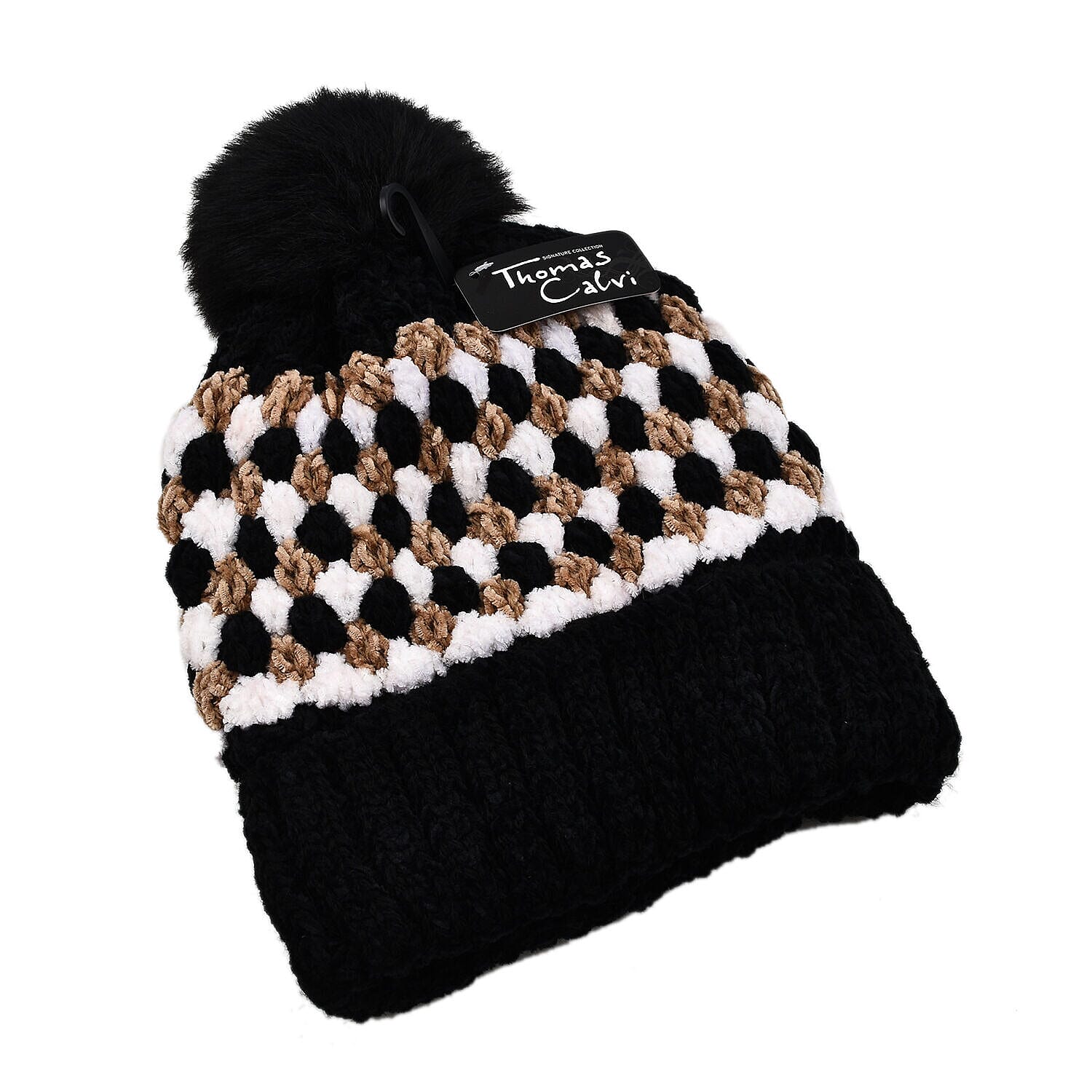 Thomas Calvi Honeycomb Pattern Knitted Bobble Fashion Winter Hat- Black