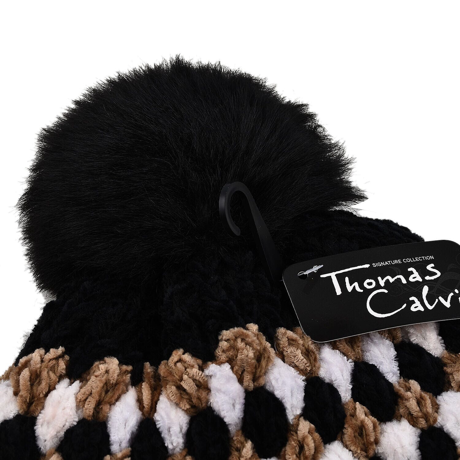 Thomas Calvi Honeycomb Pattern Knitted Bobble Fashion Winter Hat- Black