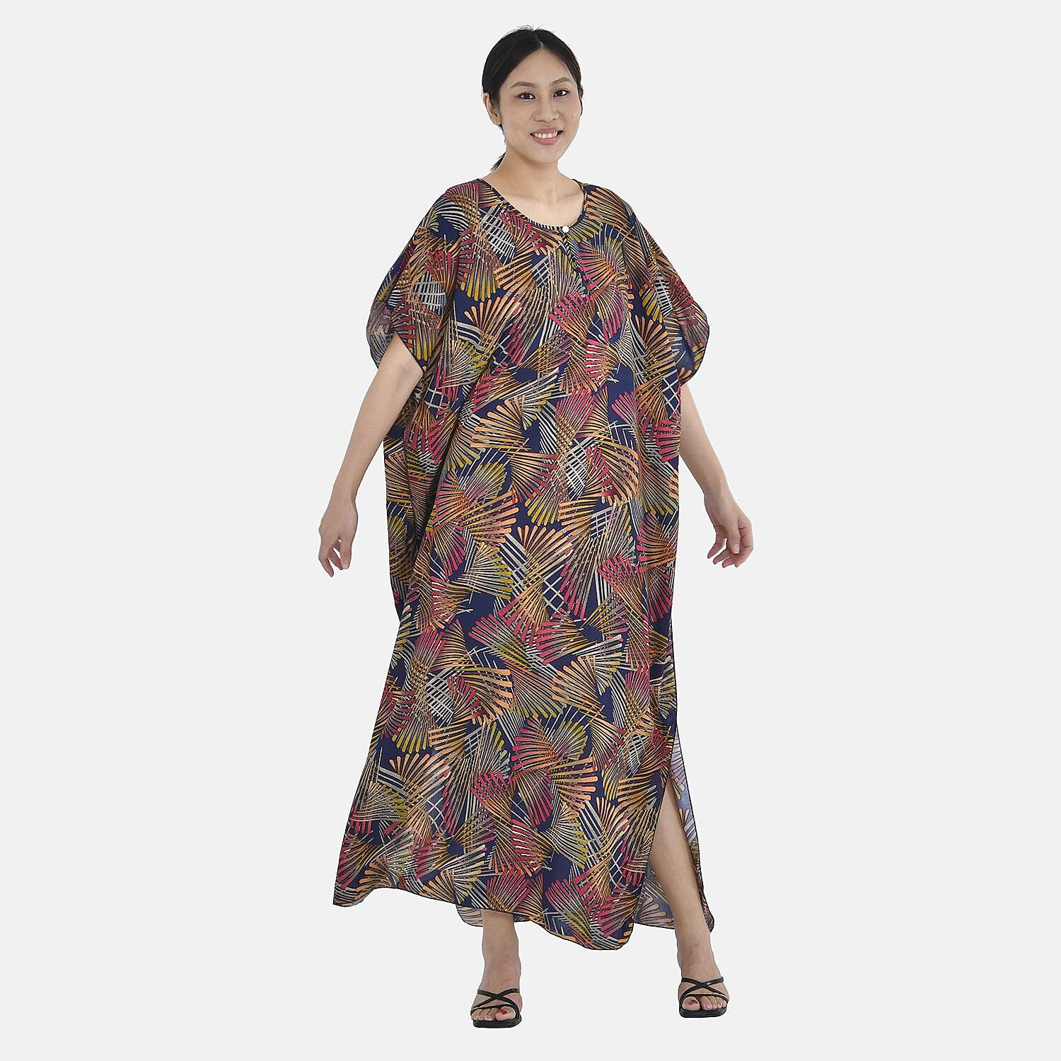 Close Out - TAMSY 100% Viscose Maxi Kaftan Dress (One Size, Fit 8-20 ) - Black and Multi