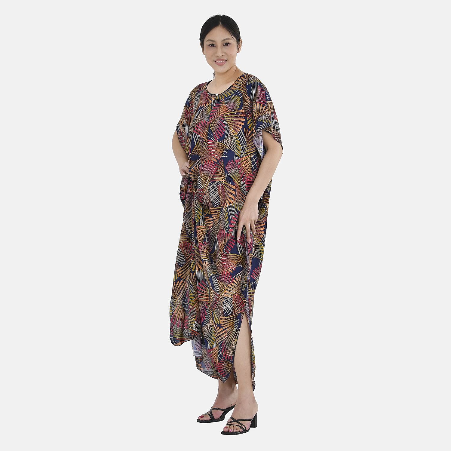 Close Out - TAMSY 100% Viscose Maxi Kaftan Dress (One Size, Fit 8-20 ) - Black and Multi