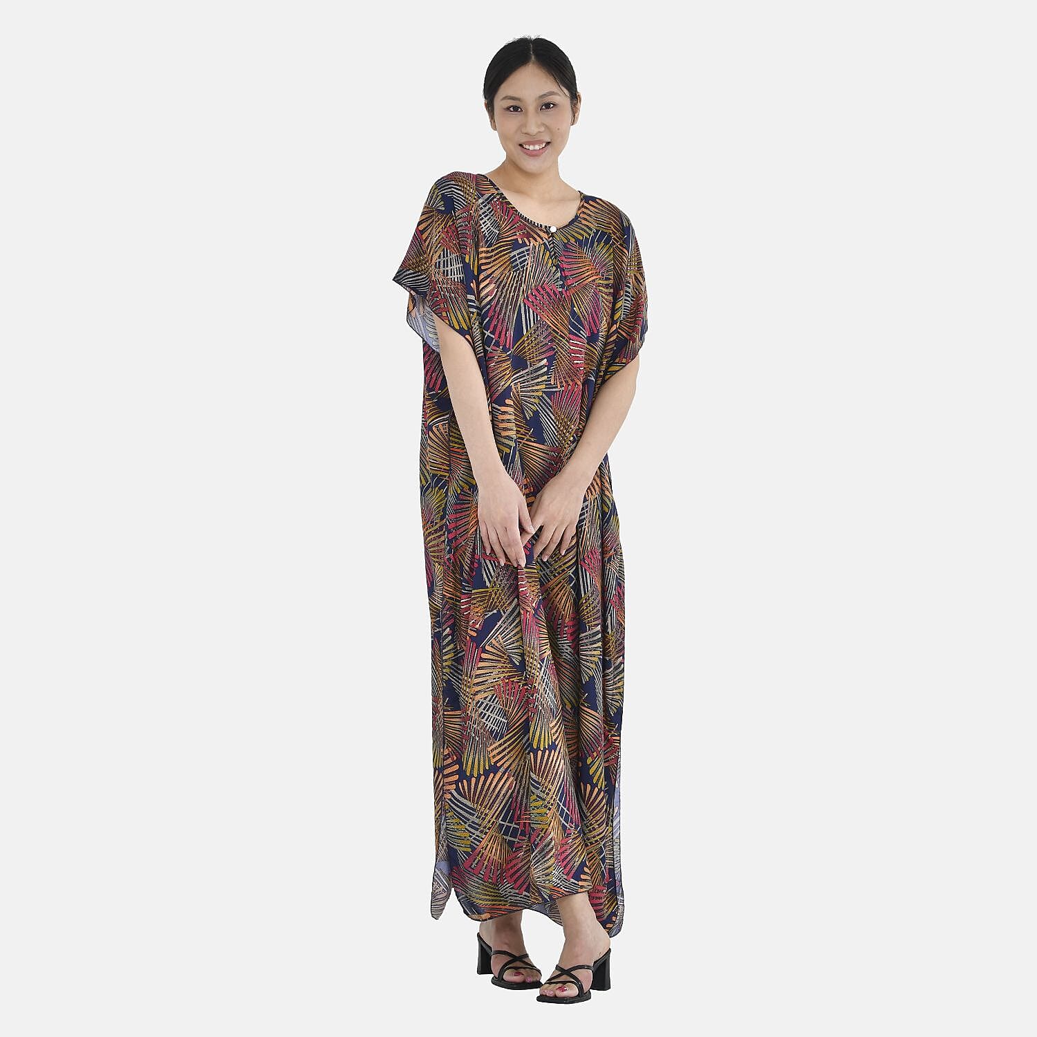 Close Out - TAMSY 100% Viscose Maxi Kaftan Dress (One Size, Fit 8-20 ) - Black and Multi