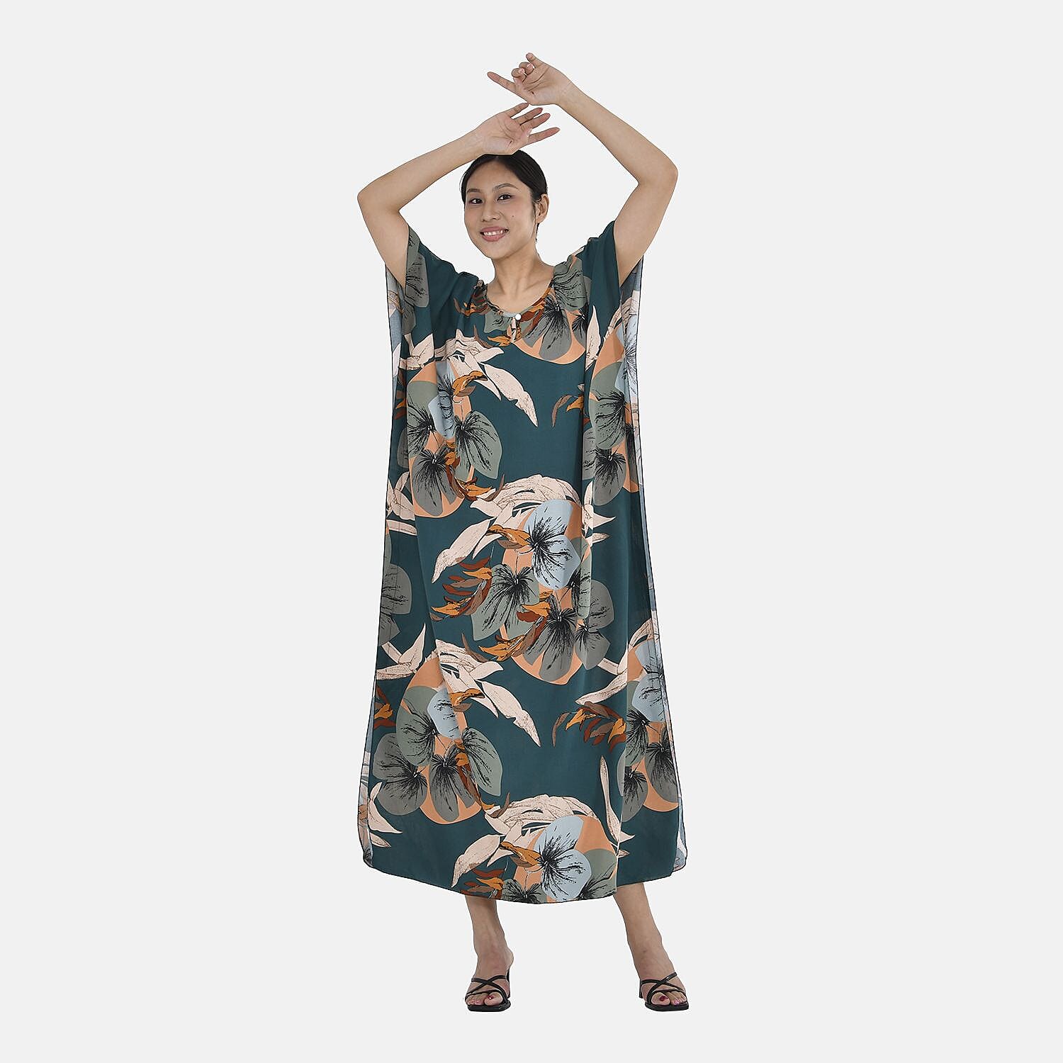 Close Out - TAMSY 100% Viscose Maxi Kaftan Dress (One Size, Fit 8-20 ) - Green Leaves