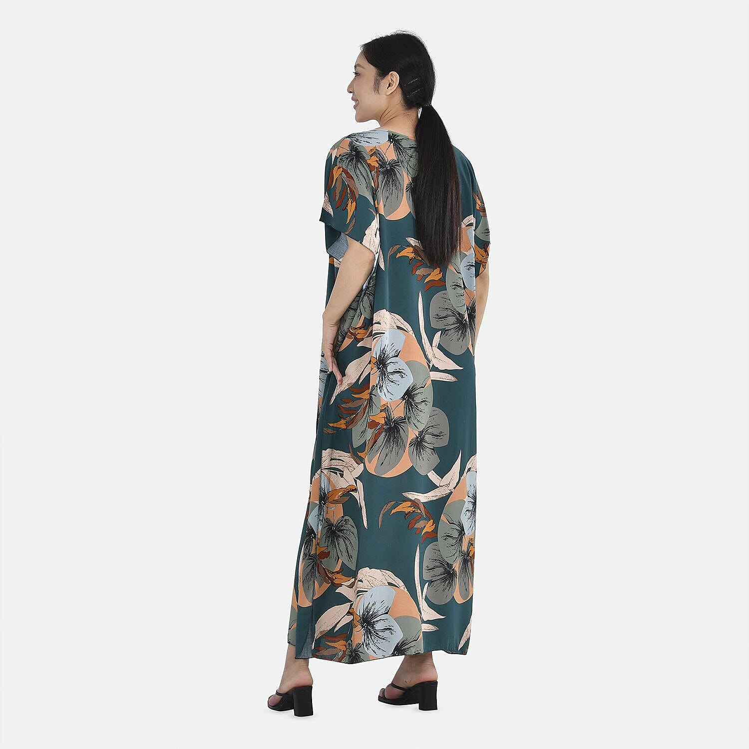 Close Out - TAMSY 100% Viscose Maxi Kaftan Dress (One Size, Fit 8-20 ) - Green Leaves