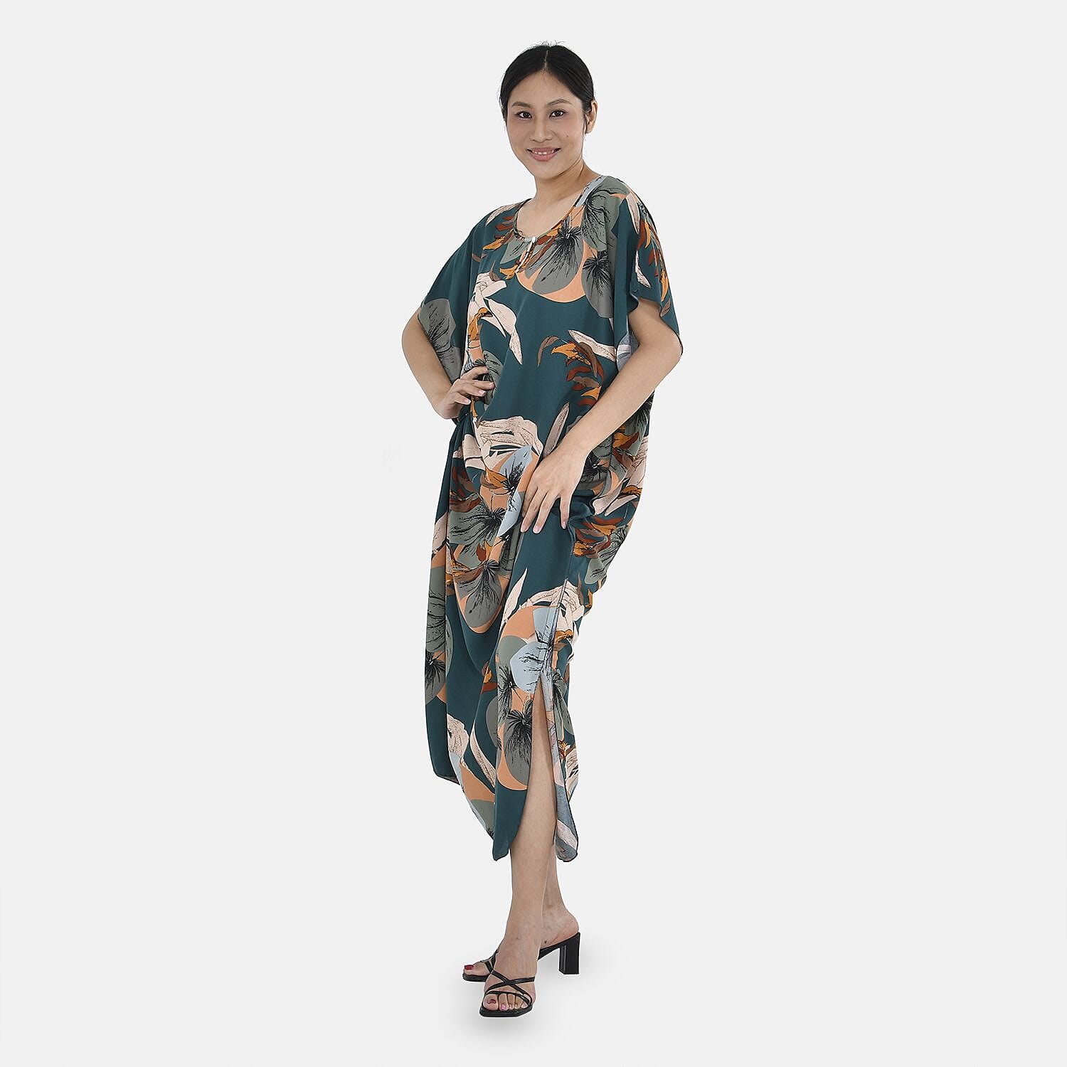 Close Out - TAMSY 100% Viscose Maxi Kaftan Dress (One Size, Fit 8-20 ) - Green Leaves