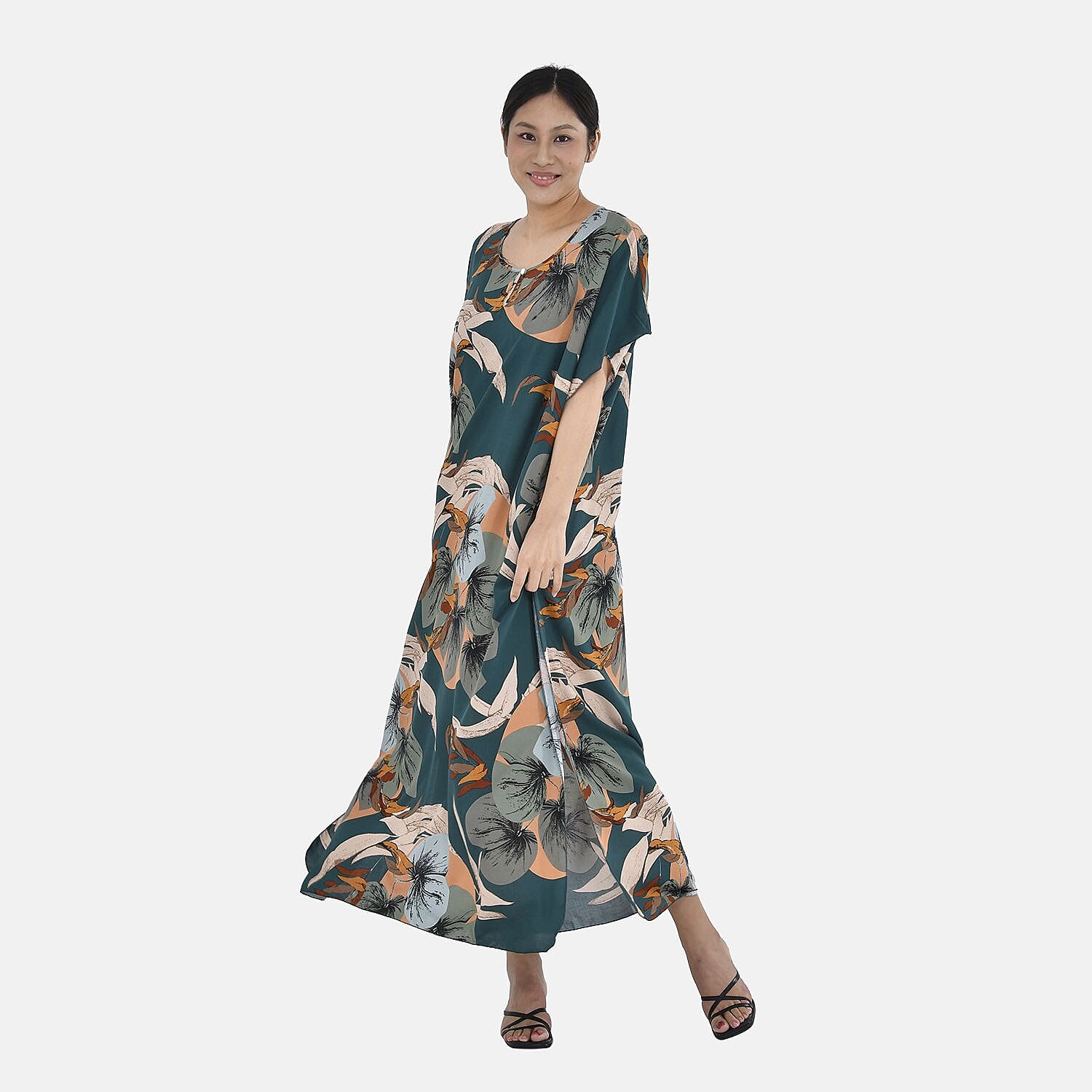 Close Out - TAMSY 100% Viscose Maxi Kaftan Dress (One Size, Fit 8-20 ) - Green Leaves