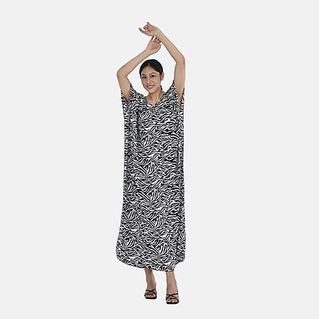Close Out - TAMSY 100% Viscose Maxi Kaftan Dress (One Size, Fit 8-20 ) - Black and White