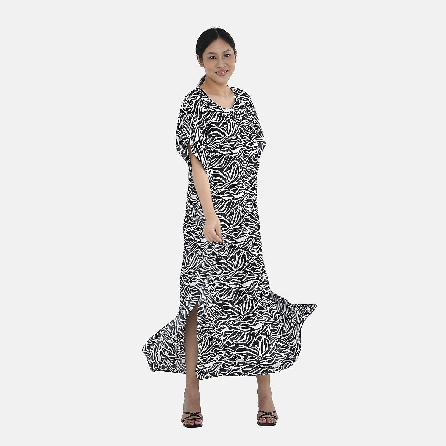 Close Out - TAMSY 100% Viscose Maxi Kaftan Dress (One Size, Fit 8-20 ) - Black and White