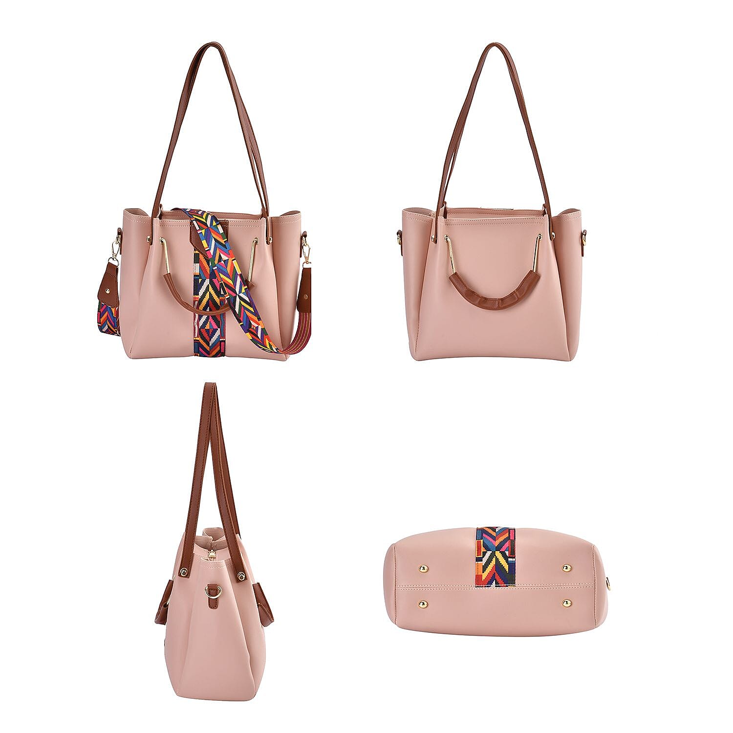 Set of 4 - Tote Bag with Handle Drop, Card Holder, Crossbody and Clutch Bag with Long Strap - Peach