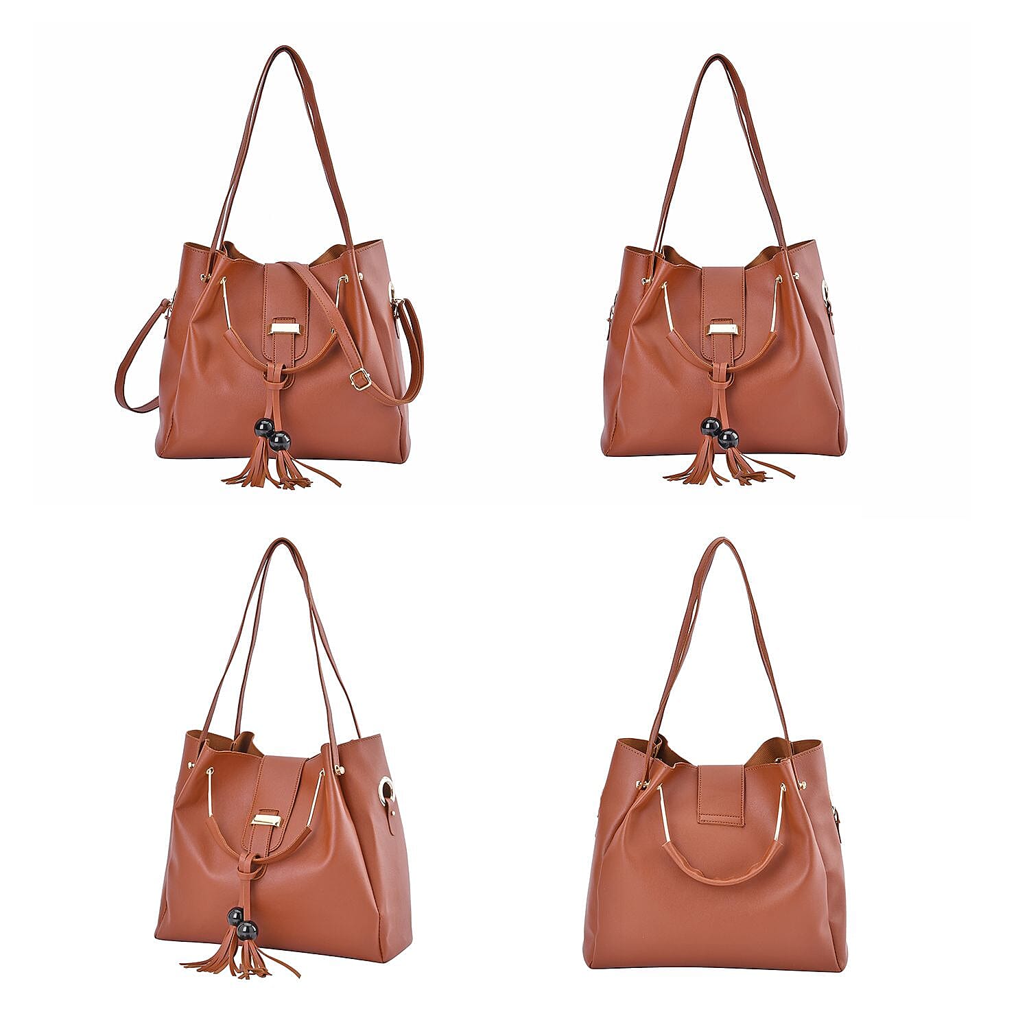 One Time Close Out Deal- Set of 4 - Tote Bag with Handle Drop, Card Holder, Crossbody and Clutch Bag with Long Strap - Tan
