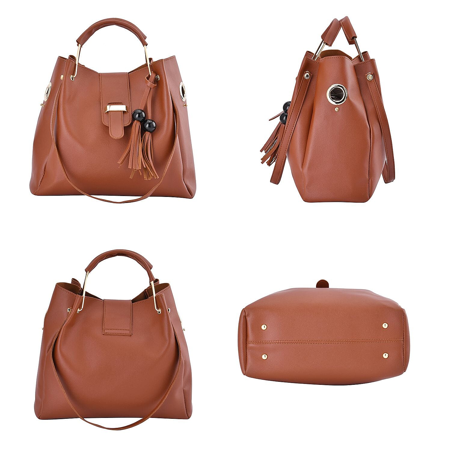 One Time Close Out Deal- Set of 4 - Tote Bag with Handle Drop, Card Holder, Crossbody and Clutch Bag with Long Strap - Tan