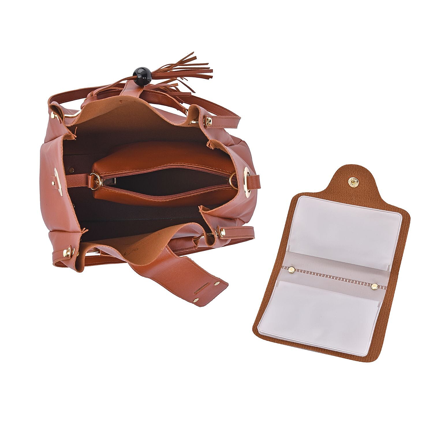 One Time Close Out Deal- Set of 4 - Tote Bag with Handle Drop, Card Holder, Crossbody and Clutch Bag with Long Strap - Tan