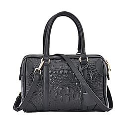 100% Genuine Leather Crocodile Embossed Boston Bag with Detachable Long Strap & Handle Drop - Black