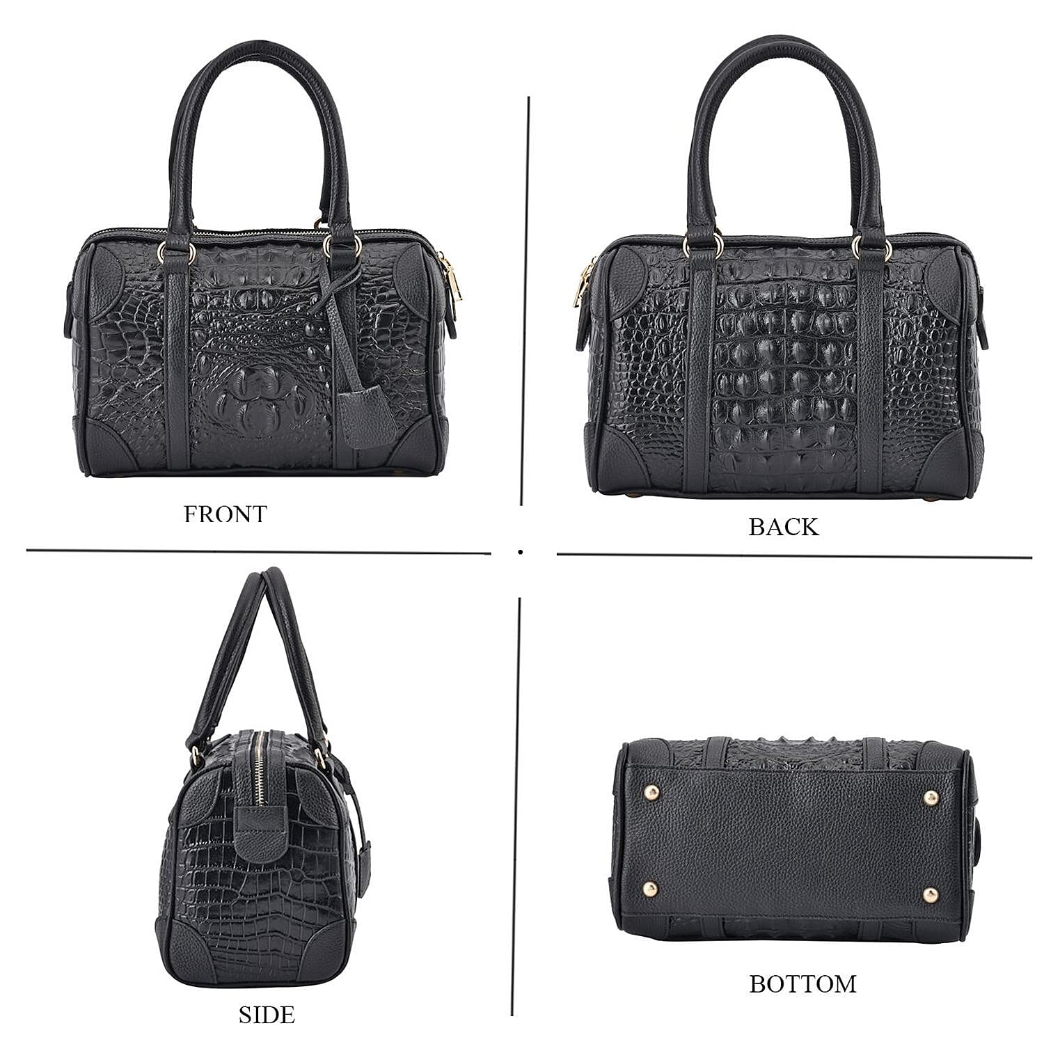100% Genuine Leather Crocodile Embossed Boston Bag with Detachable Long Strap & Handle Drop - Black