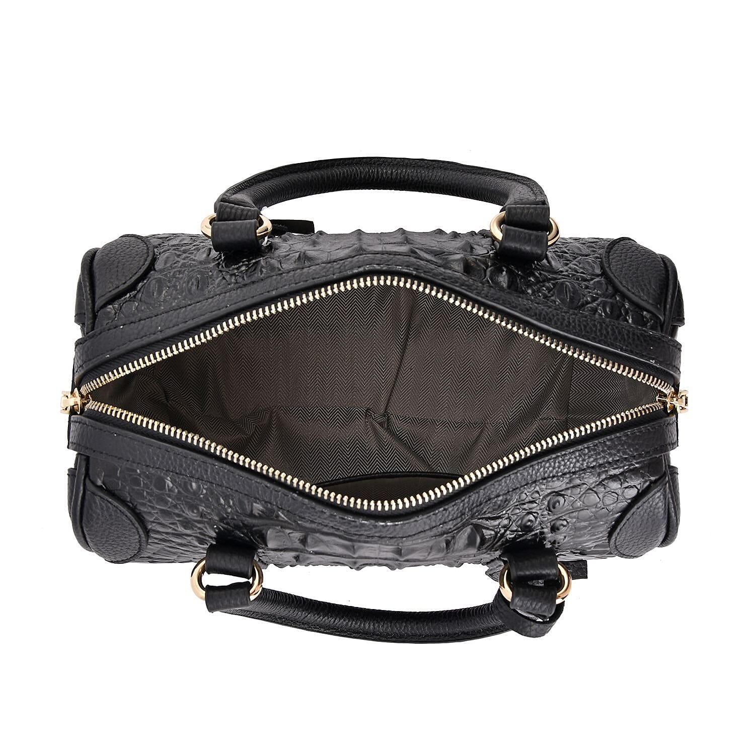 100% Genuine Leather Crocodile Embossed Boston Bag with Detachable Long Strap & Handle Drop - Black