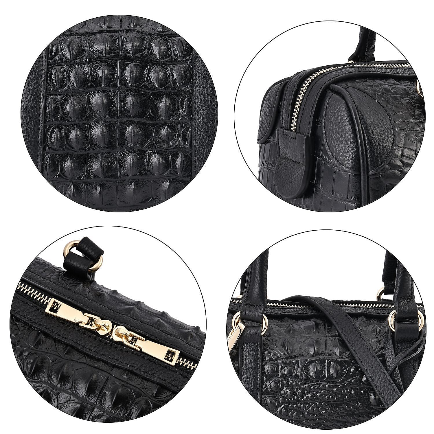 100% Genuine Leather Crocodile Embossed Boston Bag with Detachable Long Strap & Handle Drop - Black