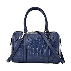 100% Genuine Leather Crocodile Embossed Boston Bag with Detachable Long Strap & Handle Drop - Black