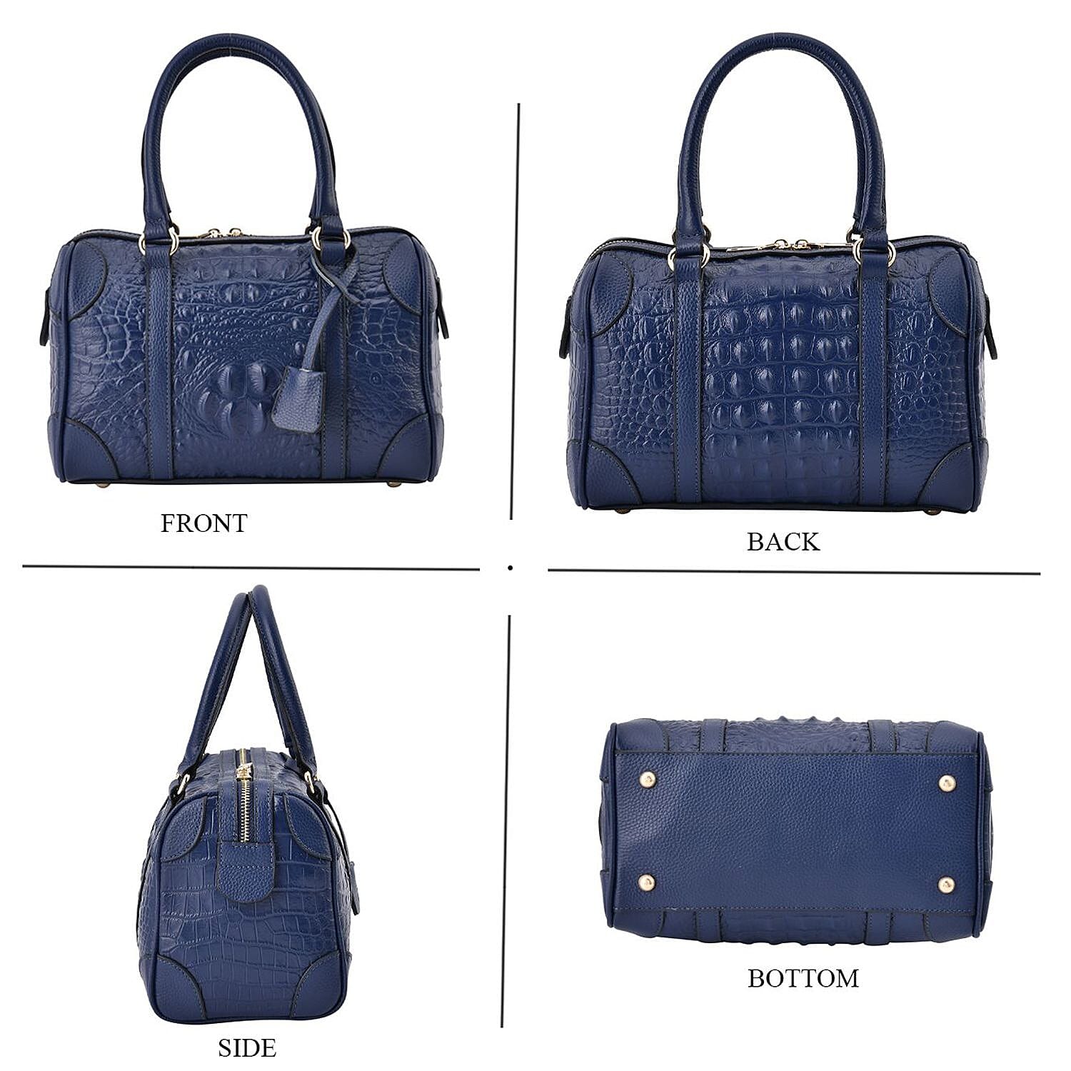 Closeout Deal Genuine Leather Crocodile Embossed Boston Bag with Detachable Long Strap & Handle Drop - Blue