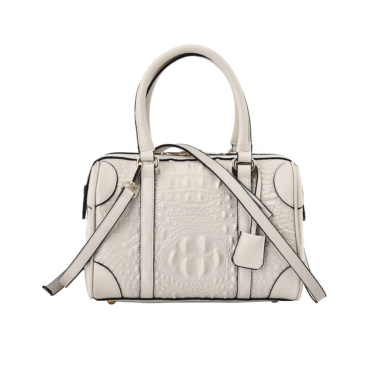 Closeout Deal Genuine Leather Crocodile Embossed Boston Bag with Detachable Long Strap & Handle Drop - White