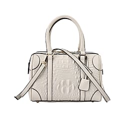 100% Genuine Leather Crocodile Embossed Boston Bag with Detachable Long Strap & Handle Drop - Black