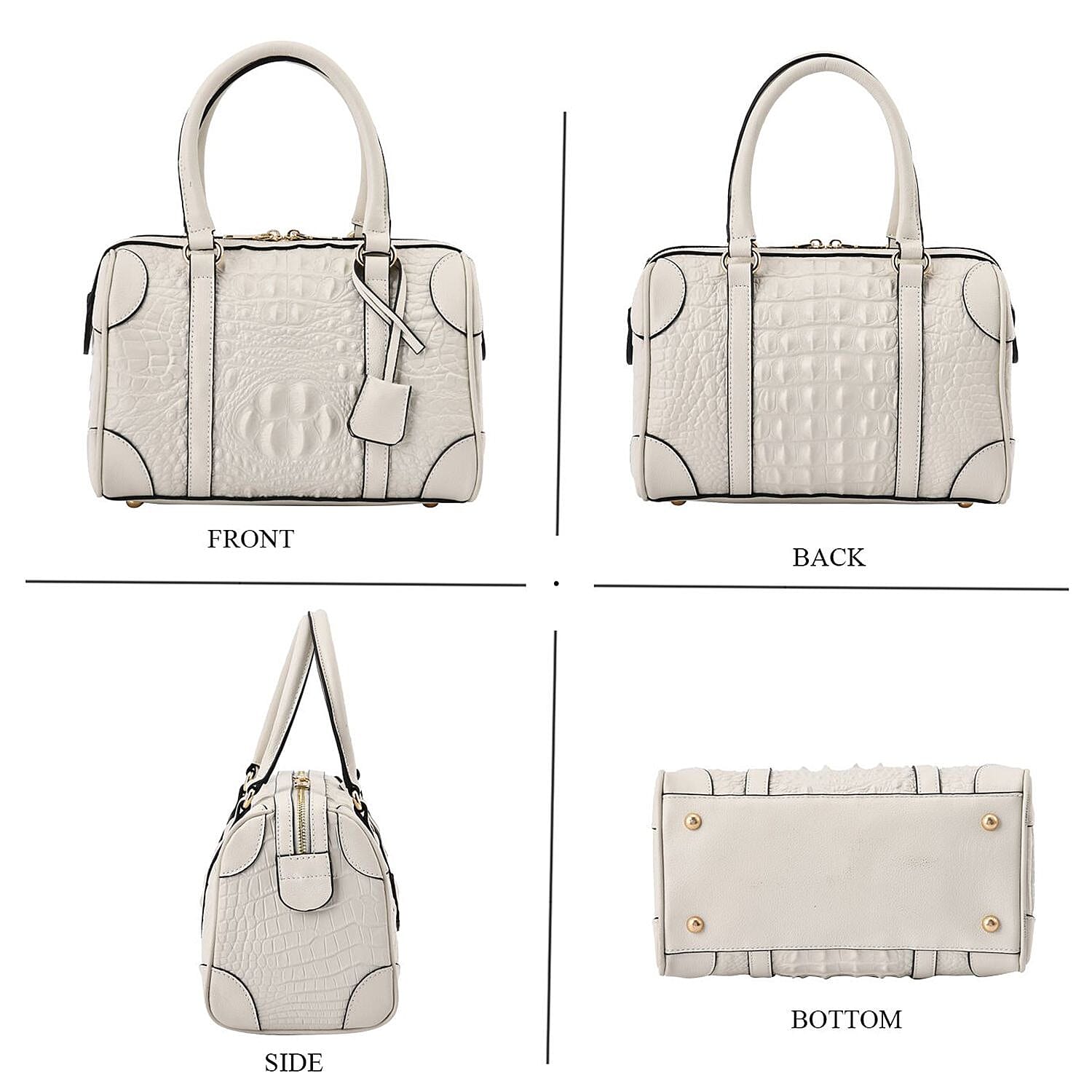 Closeout Deal Genuine Leather Crocodile Embossed Boston Bag with Detachable Long Strap & Handle Drop - White