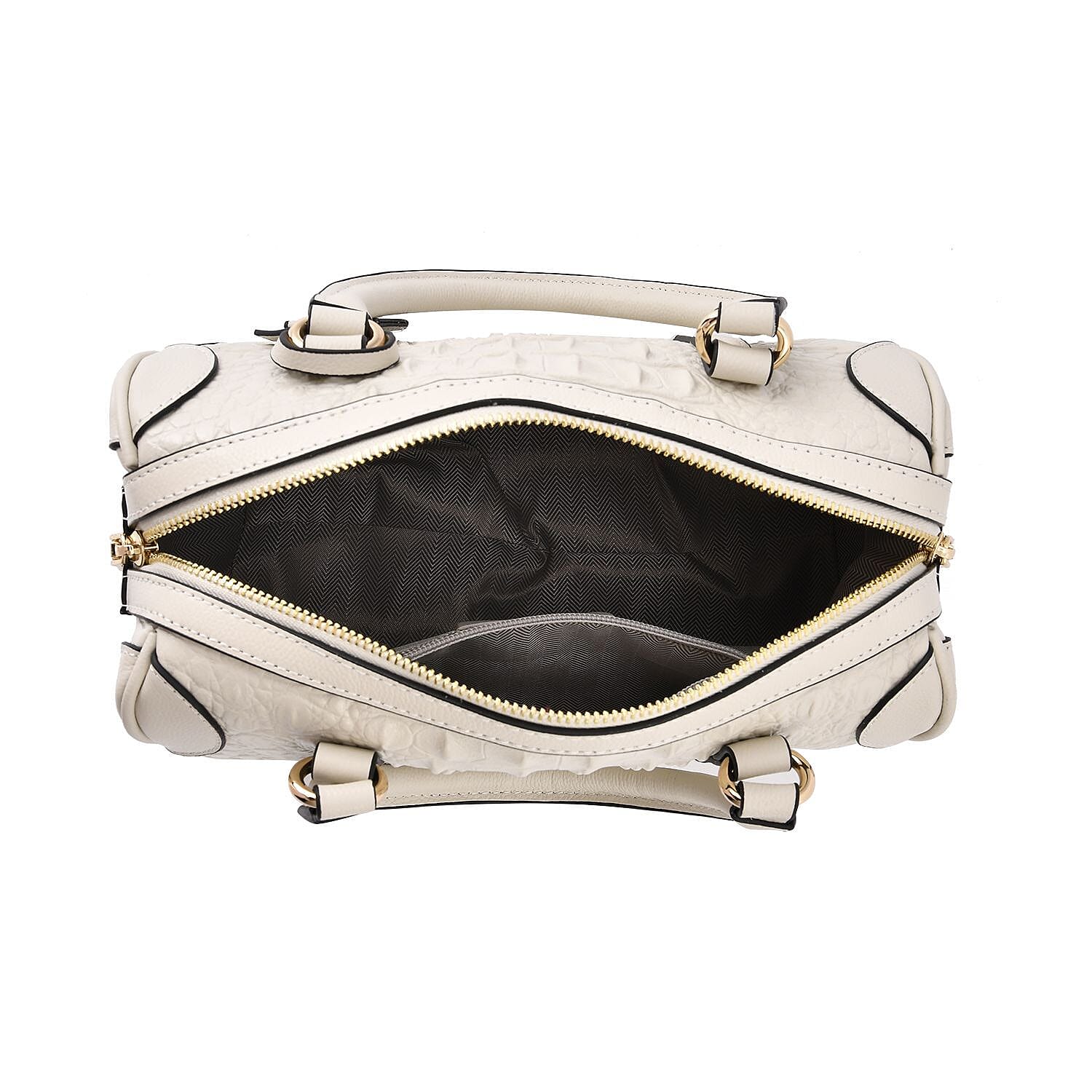 Closeout Deal Genuine Leather Crocodile Embossed Boston Bag with Detachable Long Strap & Handle Drop - White