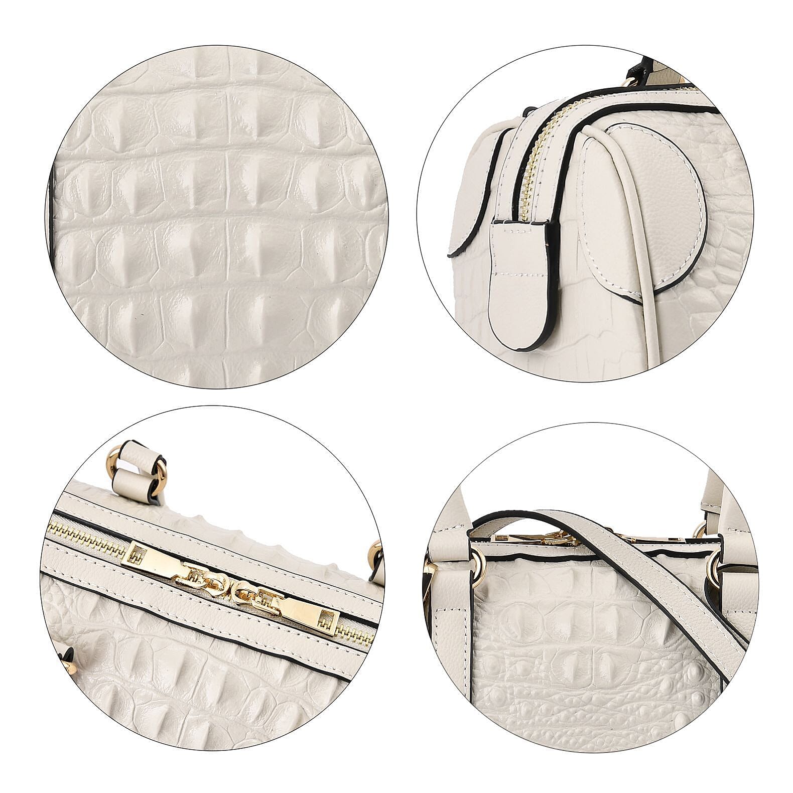 Closeout Deal Genuine Leather Crocodile Embossed Boston Bag with Detachable Long Strap & Handle Drop - White