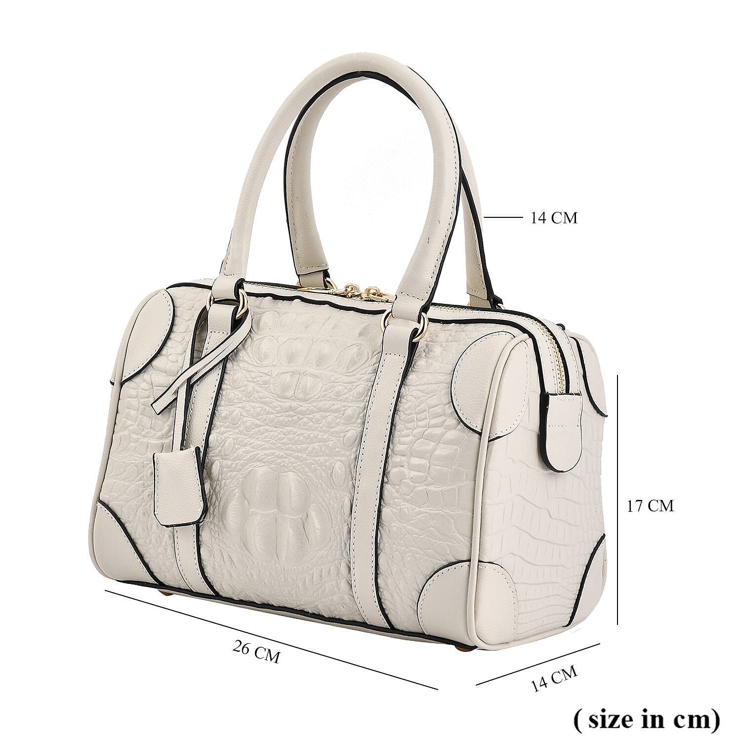 Closeout Deal Genuine Leather Crocodile Embossed Boston Bag with Detachable Long Strap & Handle Drop - White