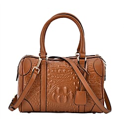 100% Genuine Leather Crocodile Embossed Boston Bag with Detachable Long Strap & Handle Drop - Black