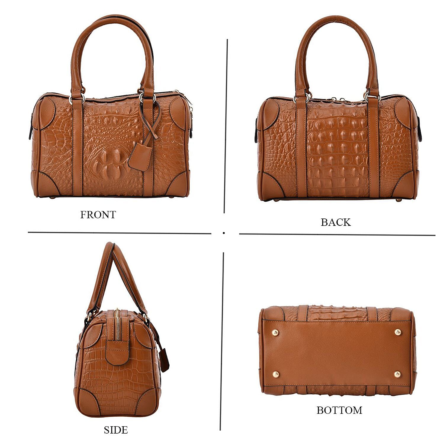 Closeout Deal Genuine Leather Crocodile Embossed Boston Bag with Detachable Long Strap & Handle Drop - Tan