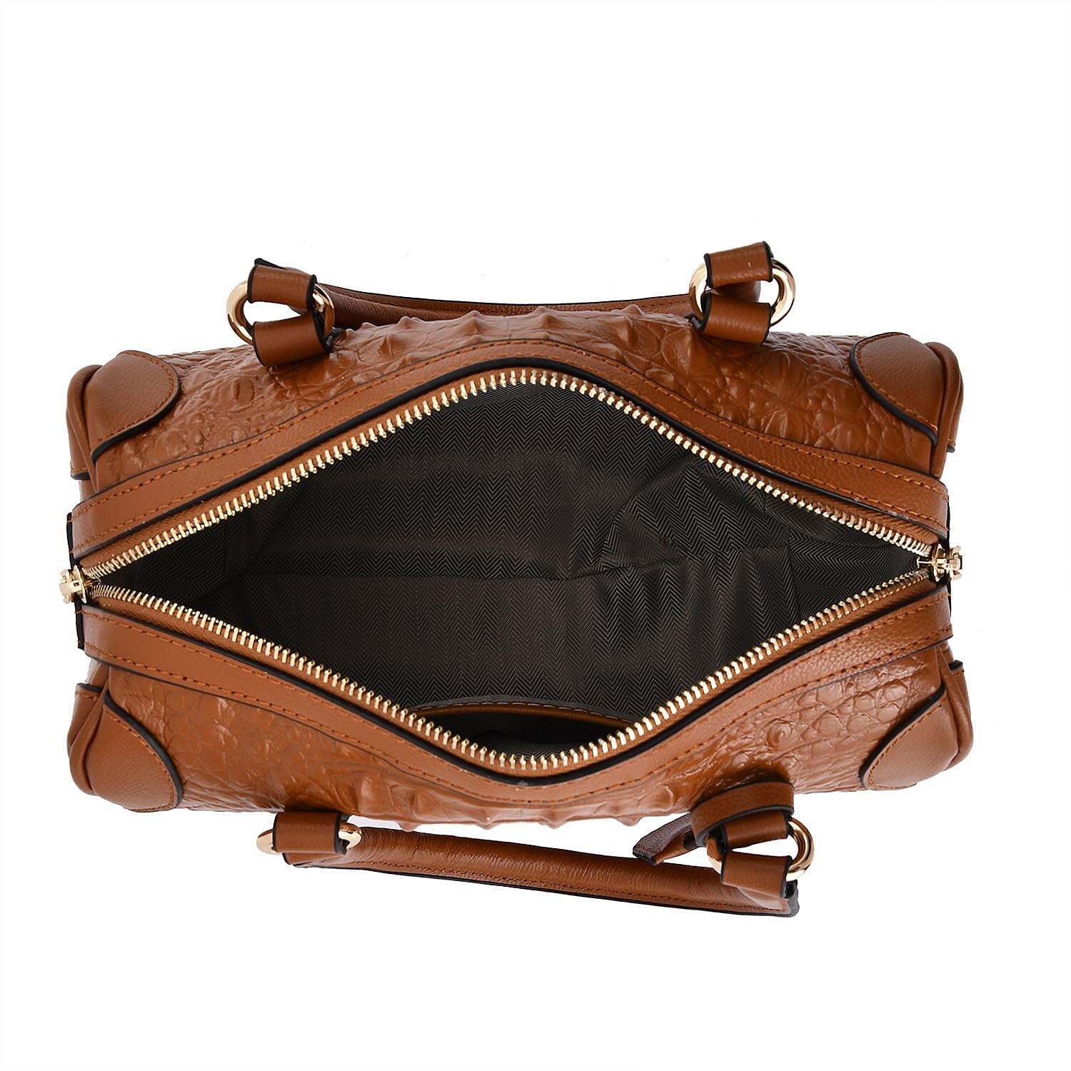 Closeout Deal Genuine Leather Crocodile Embossed Boston Bag with Detachable Long Strap & Handle Drop - Tan