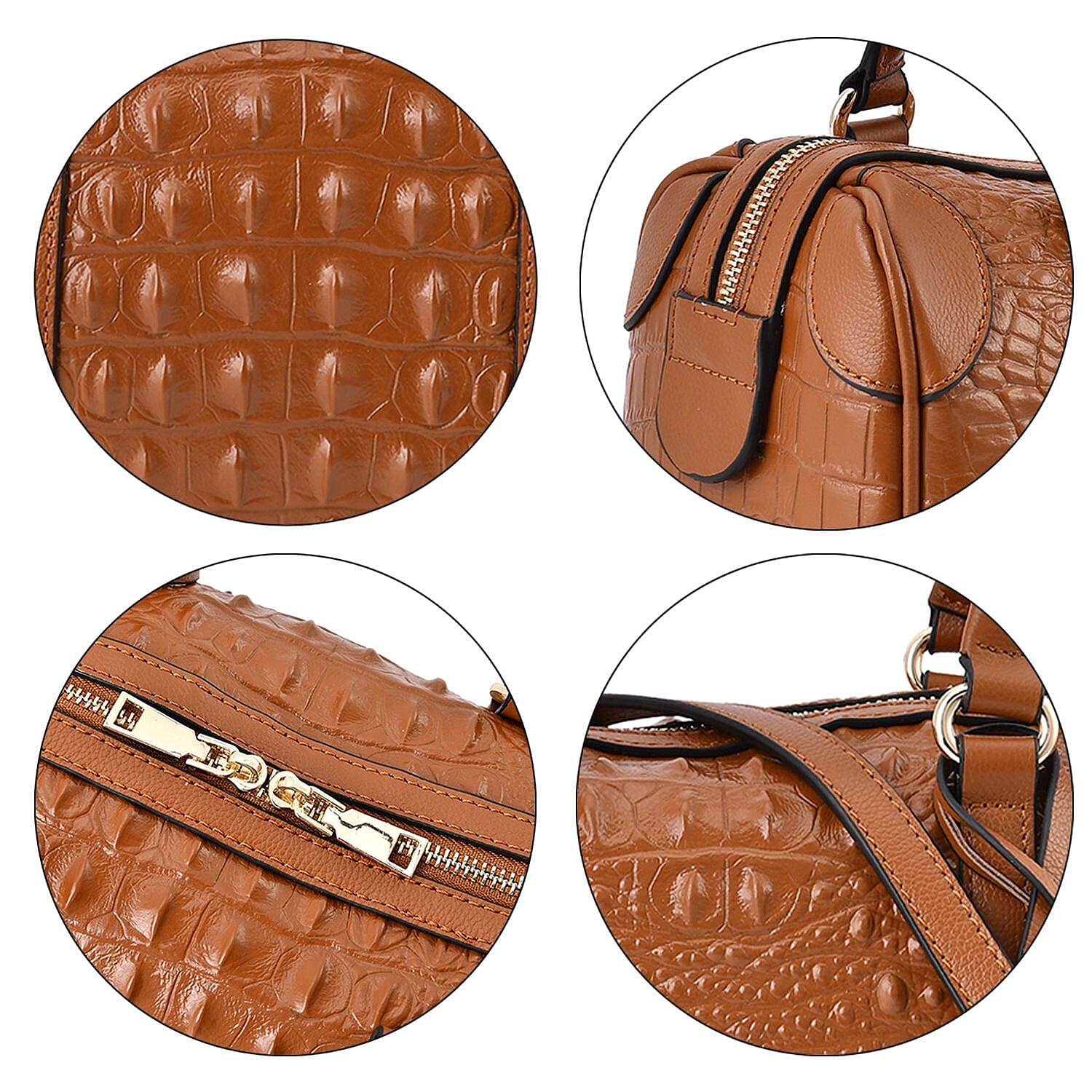 Closeout Deal Genuine Leather Crocodile Embossed Boston Bag with Detachable Long Strap & Handle Drop - Tan