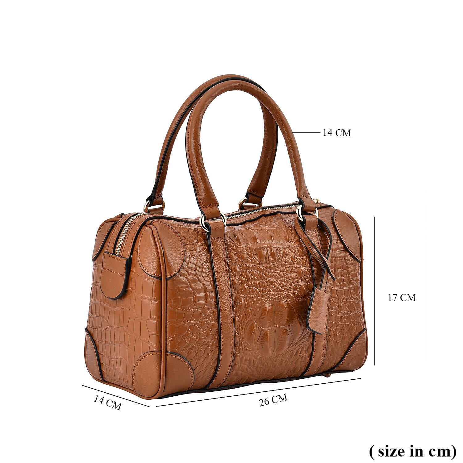 Closeout Deal Genuine Leather Crocodile Embossed Boston Bag with Detachable Long Strap & Handle Drop - Tan