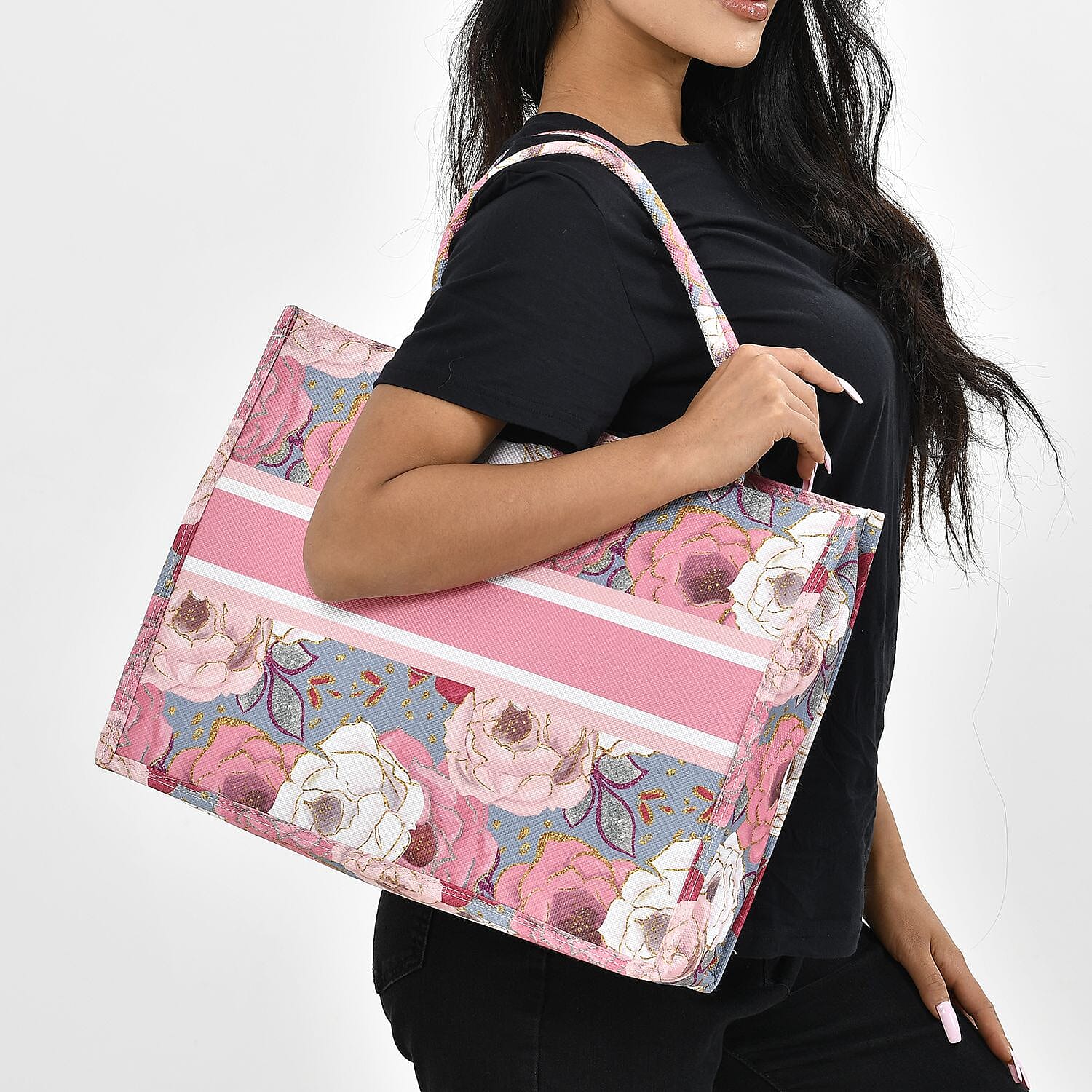 Designer Inspired Closeout - Floral Pattern Tote Bag with Handle Drop - Pink