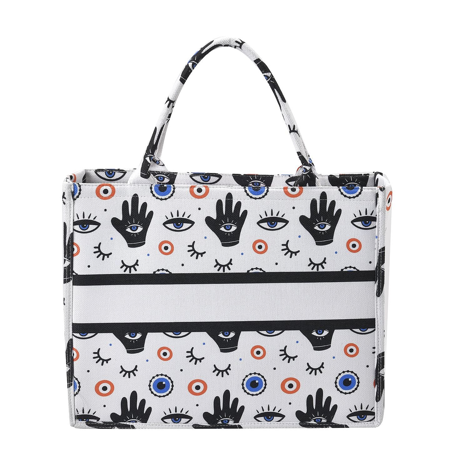 Designer Inspired Closeout Eye Print Tote Bag with Handle Drop White Black 7302483 TJC