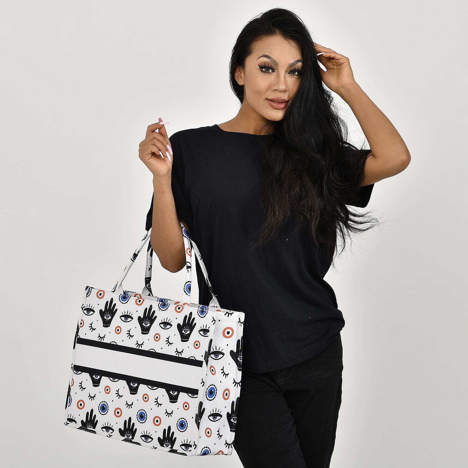 Designer Inspired Closeout - Eye Print Tote Bag with Handle Drop - White & Black