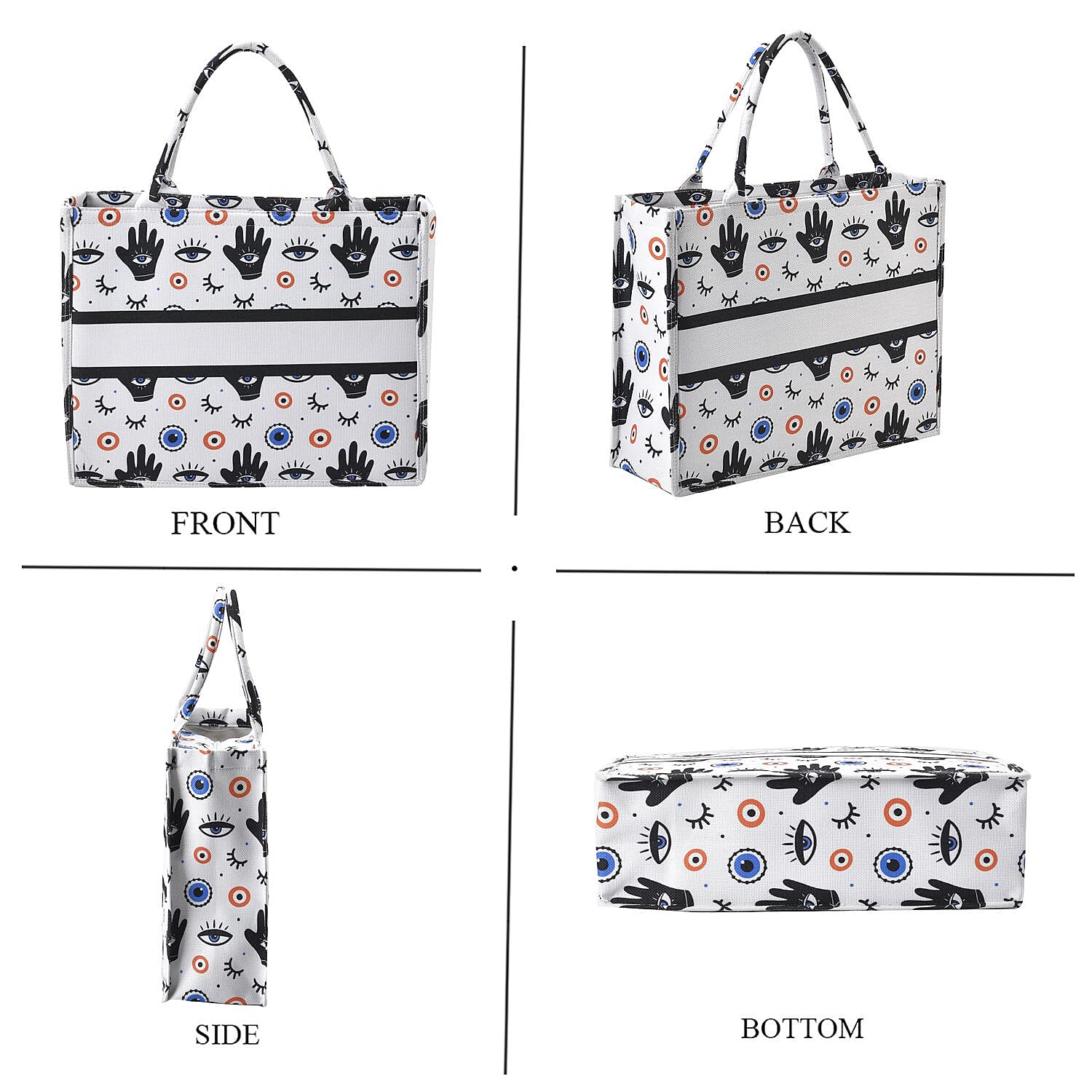 Designer Inspired Closeout - Eye Print Tote Bag with Handle Drop - White & Black