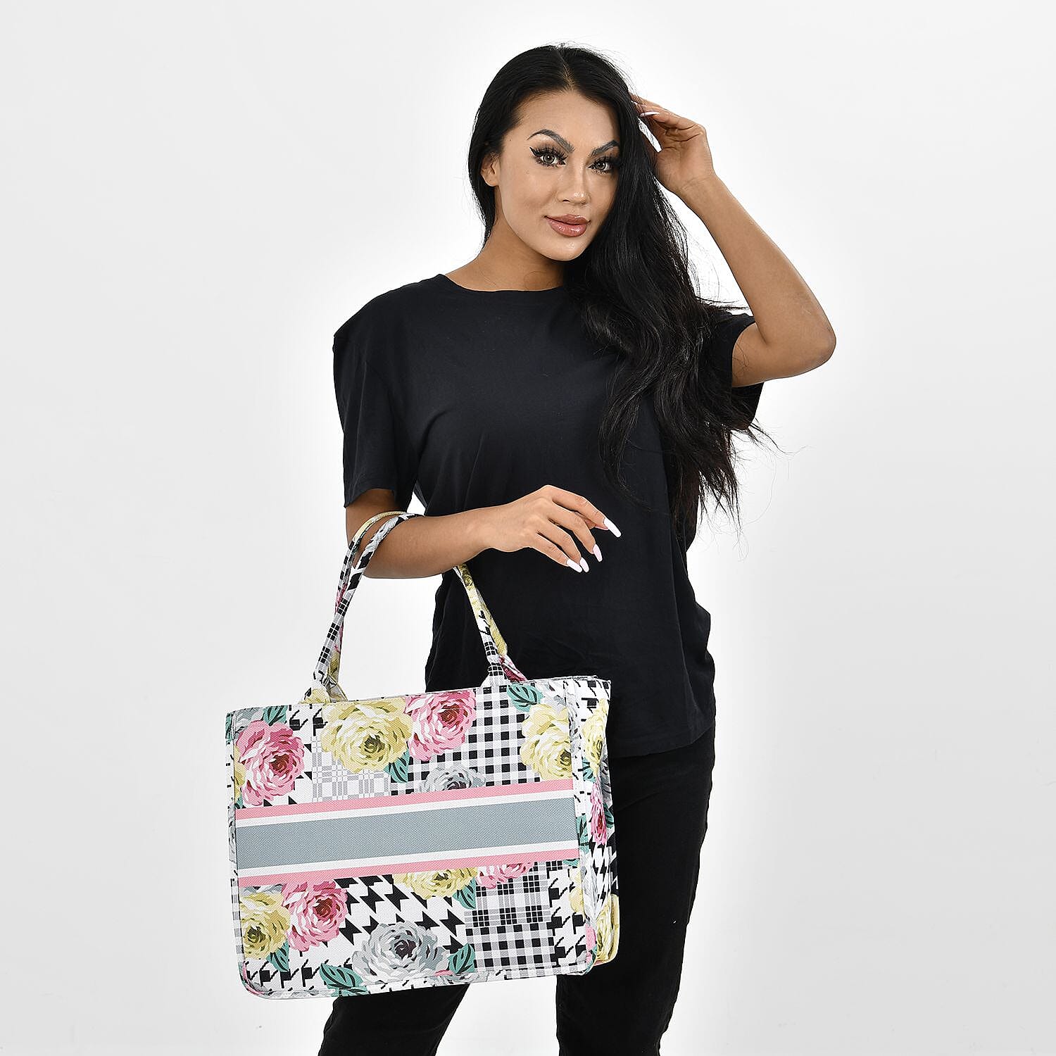 Designer Inspired - Floral Pattern Tote Bag with Handle Drop - Yellow